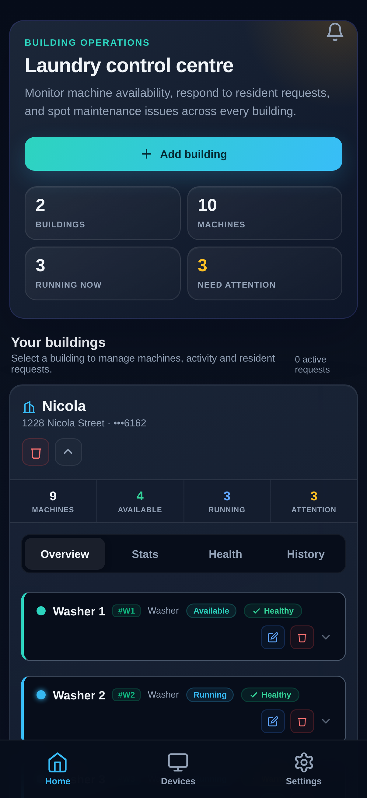 LoRUN manager dashboard showing machine overview